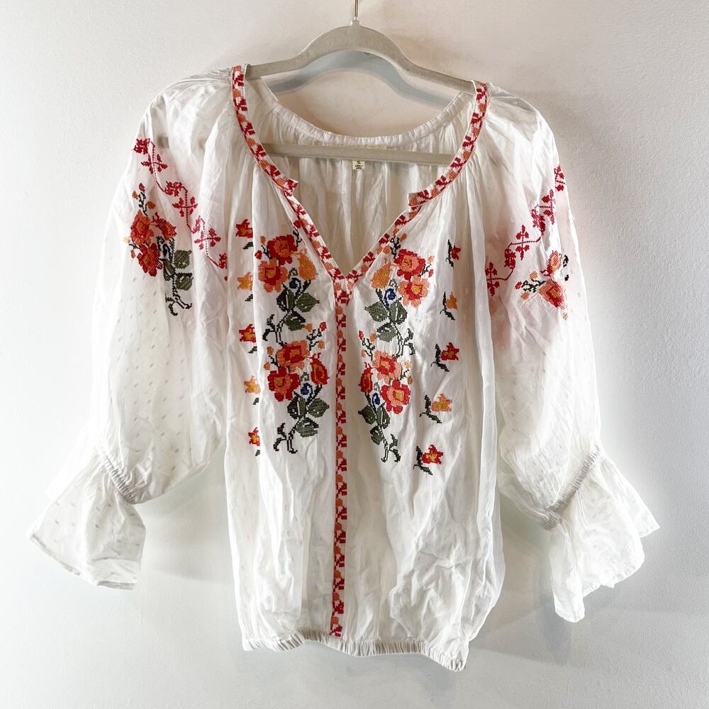 Solitaire Embroidered Cotton Long Sleeve Peasant Blouse Top White Small